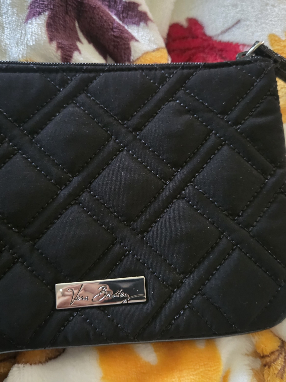 Vera Bradley Black Quilted Wristlet Pouch with Logo Plaque